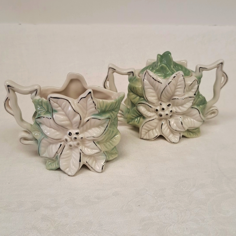 Vintage porcelain CHRISTMAS Pointsetia cream and sugar set Made in Japan